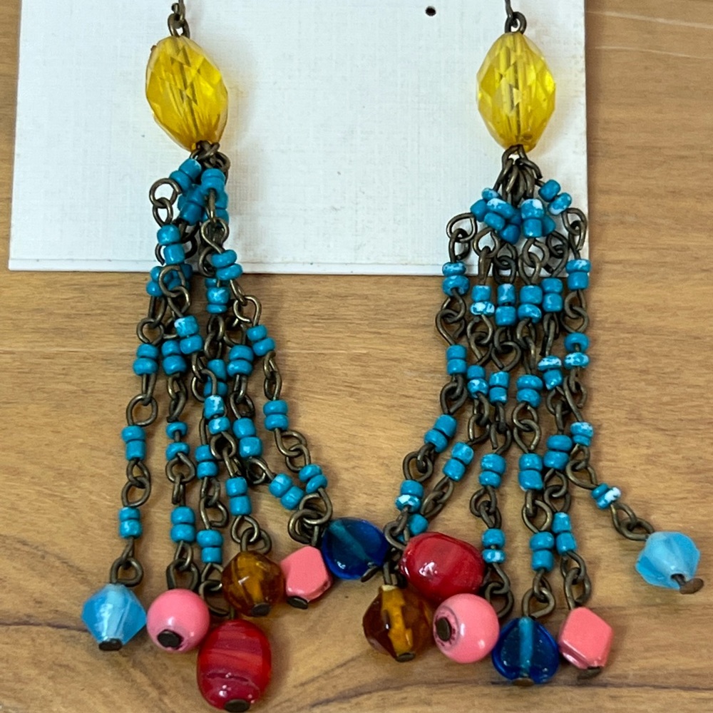 Dangle Turquoise and Red Beaded Tassel Earrings